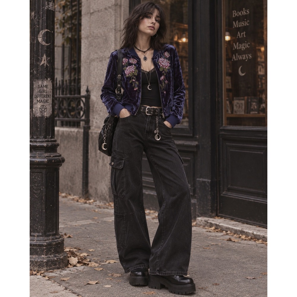 Women's Crushed Velvet Embroidered Floral Bomber Jacket Size L Whimsigoth Y2K